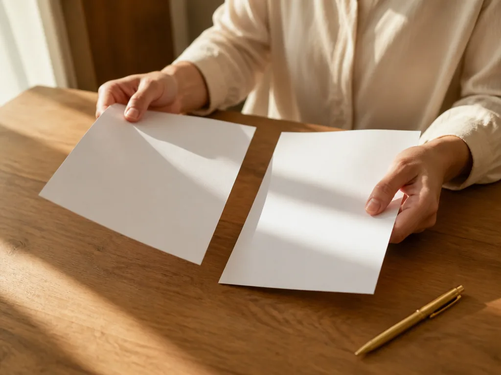Photorealistic editorial photograph of a person's hands comparing two blank paper documents on a warm timber desk, a bra