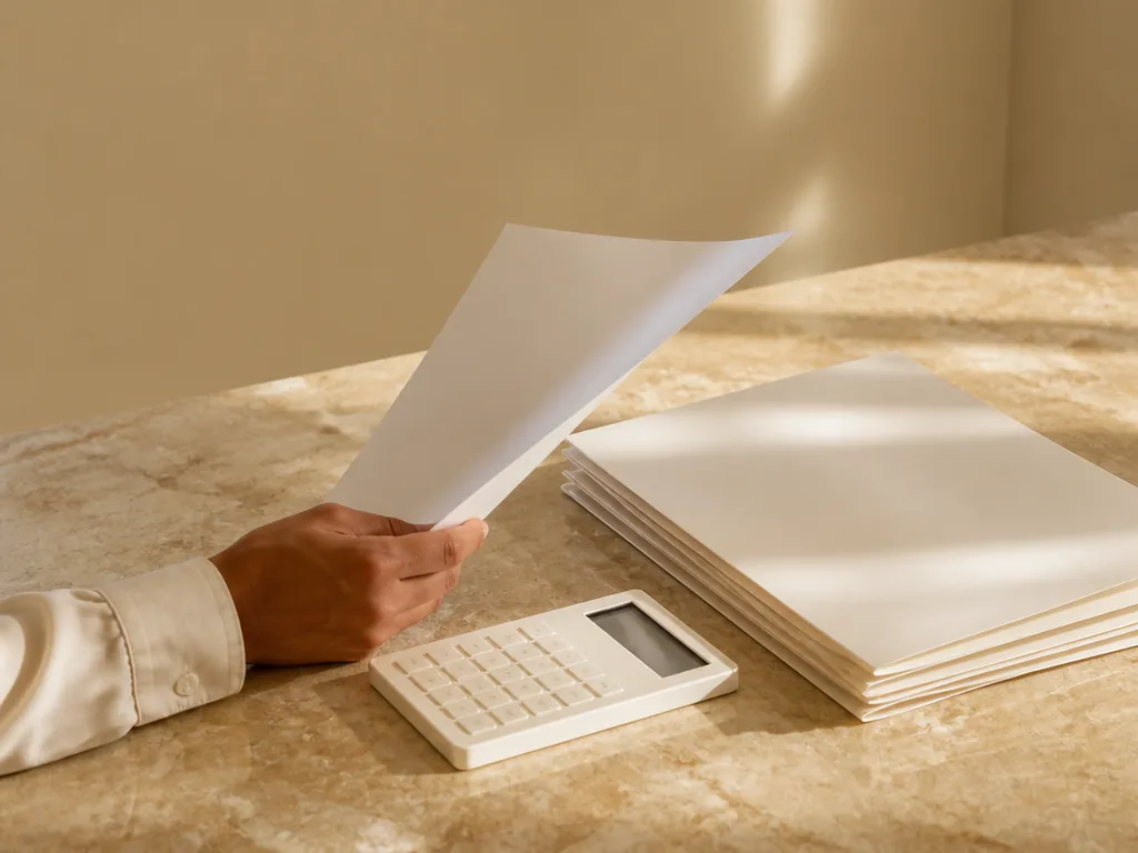 Photorealistic editorial photograph of a person's hand holding a blank paper document while reviewing a neat stack of bl