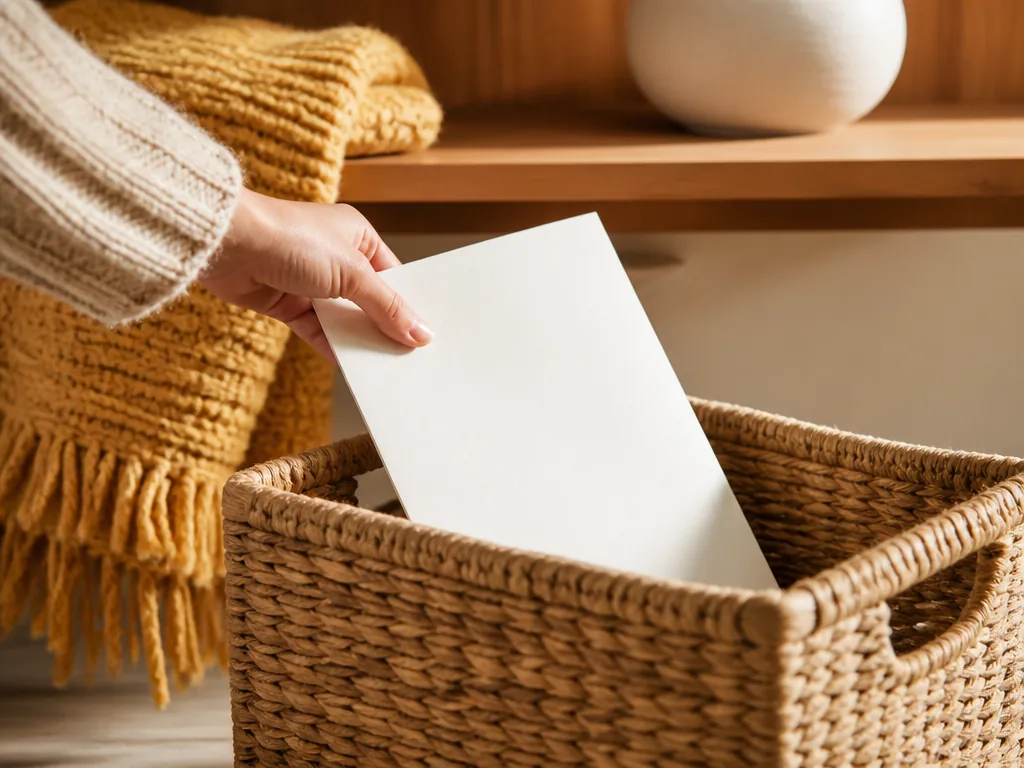 Photorealistic editorial photograph of a person's hand placing a blank paper document into a woven natural-fiber basket,