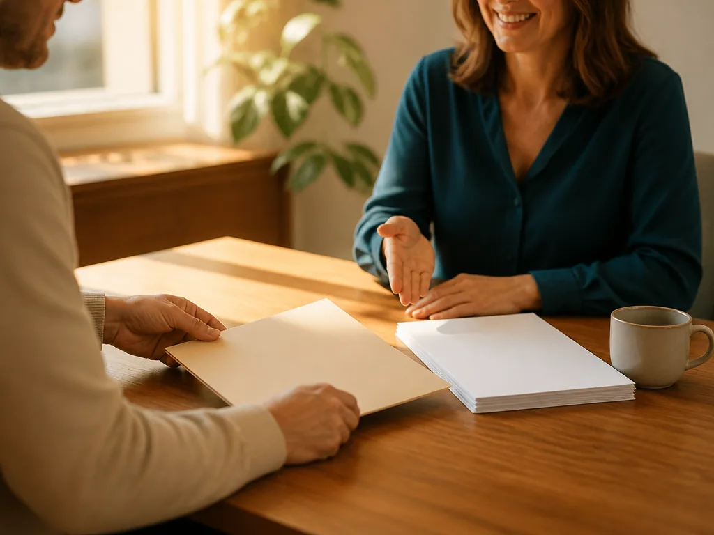 Photorealistic editorial photograph of a customer placing a blank paper folder on a timber desk while a smiling advisor