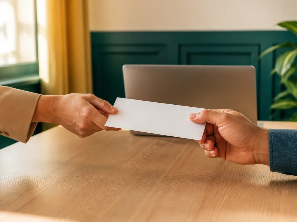 Photorealistic editorial photograph of two hands across a wooden table passing a blank envelope between clients and an a