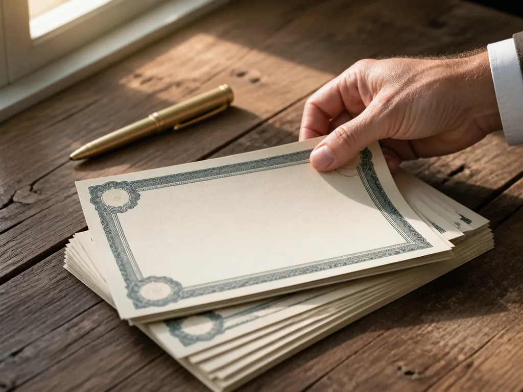 Photorealistic editorial photograph of a hand arranging blank unmarked bond certificates on a weathered timber desk, bru