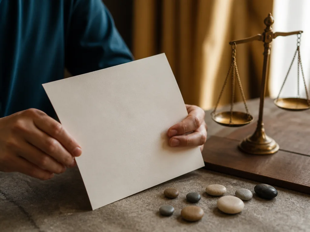Photorealistic editorial photograph of a person’s hands holding a blank unmarked document beside a small brass scale and